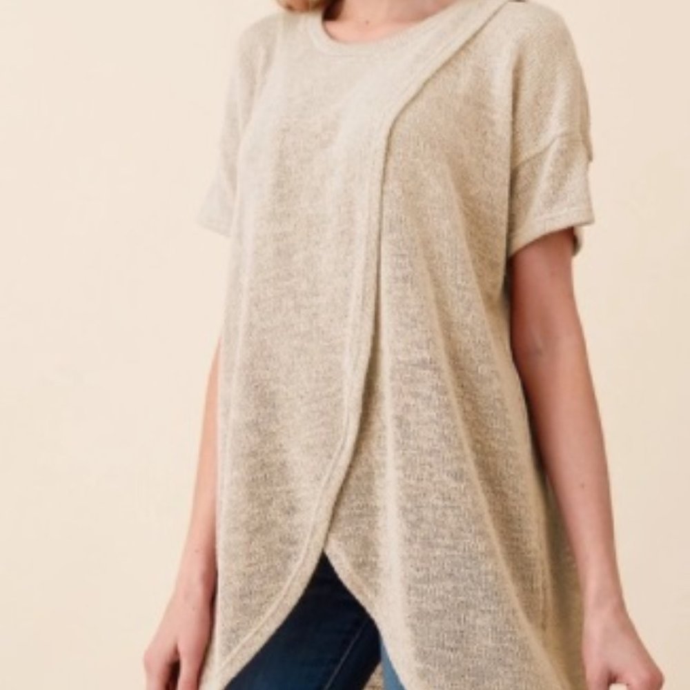 Crossed Short Sleeve Knit Tunic in Tan Fab Living